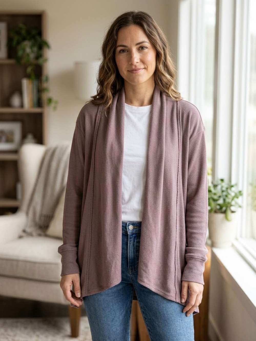 Athleta Pranayama Large Wrap Cardigan Sweater Brown Large Open Front Thumbholes